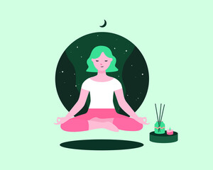 Woman floating meditation with incense at night. Calm, relax, yoga pose female with inner peace. Healthy lifestyle. Vector illustration in flat cartoon style