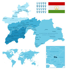 Tajikistan detailed administrative blue map with country flag and location on the world map. Vector illustration