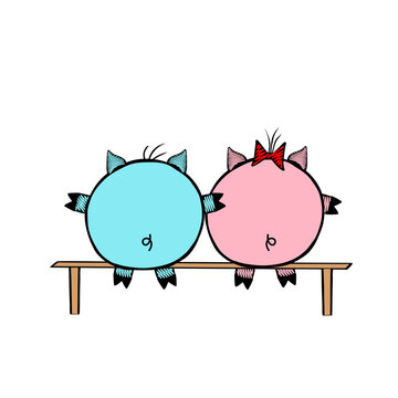 Pair of a Pink Vector piggy fat girl and a blue piggy boy sitting on a bench together on a white background. Rear view