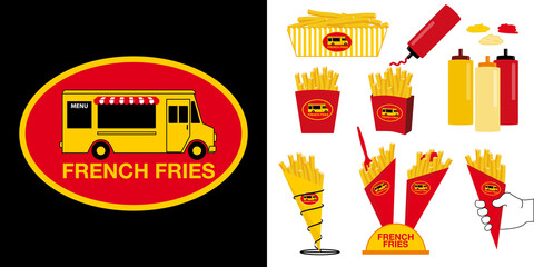 Logo ou tampon pour une baraque à frite ou « food truck » - nourriture préparée à bord d’un camion stationné en ville et divers packaging pour emballer les frites. - obrazy, fototapety, plakaty