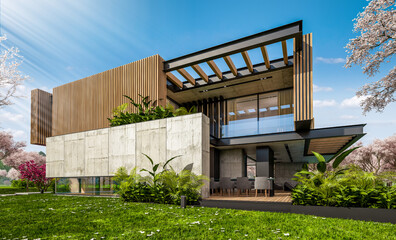 Fototapeta premium 3d rendering of modern cozy house with parking and pool for sale or rent with wood plank facade and beautiful landscaping. Fresh spring day with a blooming trees with flowers of sakura on background