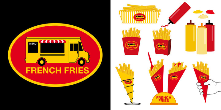 Logo ou tampon pour une baraque &agrave; frite ou &laquo;&nbsp;food truck&nbsp;&raquo; - nourriture pr&eacute;par&eacute;e &agrave; bord d&rsquo;un camion stationn&eacute; en ville et divers packaging pour emballer les frites.
