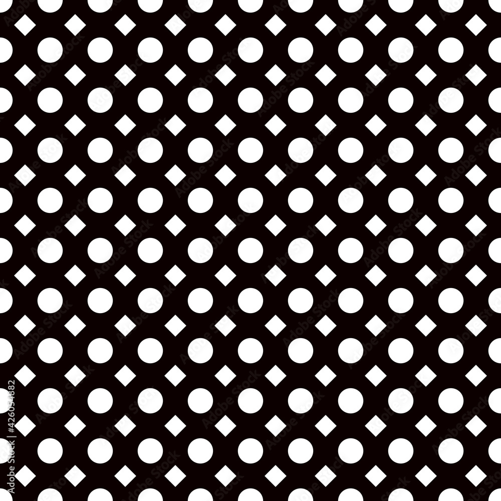 Poster Black background and diagonal squares with circles. Vector.