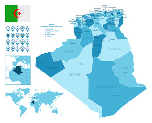 Obraz premium Algeria detailed administrative blue map with country flag and location on the world map. Vector illustration