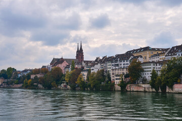Fototapeta na wymiar View of a house front on the banks of the Rhine in Basel, Switzerland, in the fall of 2020.