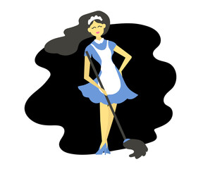 Cleaning lady with cleaning equipment. Symbol. Vector illustration.