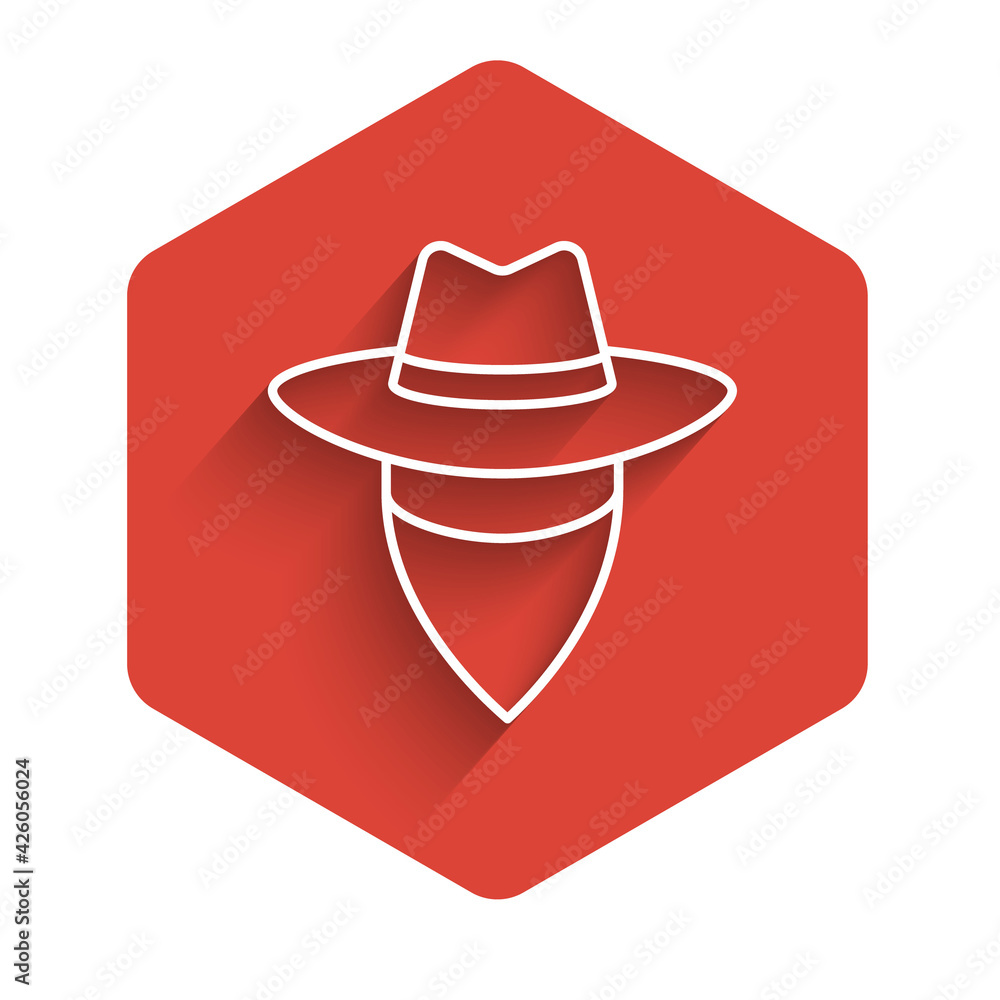 Poster white line cowboy icon isolated with long shadow. red hexagon button. vector
