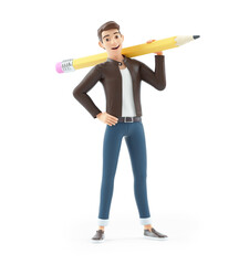 3d cartoon man carrying pencil on his shoulders