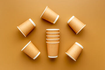 Paper cups pattern. Take away coffee or tea cups, top view