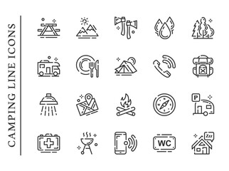Camping line icons set isolated on white background