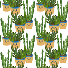 Green cactus plants with kawaii smile emoji faces - obrazy, fototapety, plakaty
