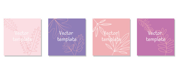 Vector design square templates in simple modern style with copy space for text, flowers and leaves.Natural concept template. Vector illustration. リーフテンプレート、夏のスクエアテンプレート、ナチュラルテンプレートデザイン