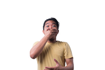 Face reaction, Asian young man portrait of face expression, shocked, thrilled, scared, surprised, with covered face with hand. Isolated, selective focus, copy space