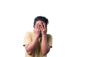 Face reaction, Asian young man portrait of face expression, shocked, thrilled, scared, surprised, with covered face with hand. Isolated, selective focus, copy space