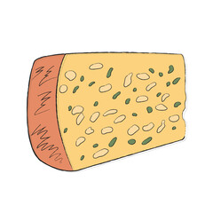 A large piece of Roquefort cheese with mold and herbs. A fragrant delicacy appetizer to wine and alcoholic beverages. Simple linear icon for catalog with cheeses and dairy products. Design for sticker