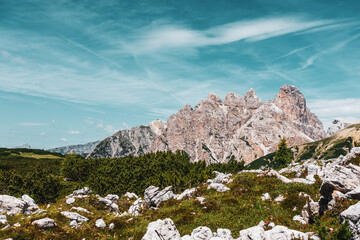 Panoramic view of the Sexten Dolomites in Italy.