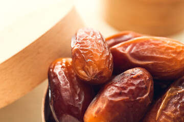 Sweet dried dates on table, closeup