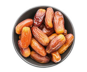 Bowl with sweet dried dates on white background