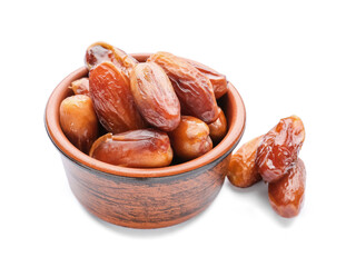 Bowl with sweet dried dates on white background