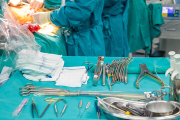 Sterile scissors and other medical instruments. Surgical equipment and medical devices in operating...