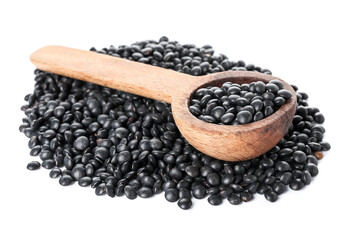 Fototapeta na wymiar Spoon with black lentils on white background