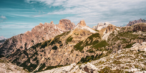 Panoramic view of the Sexten Dolomites in Italy.