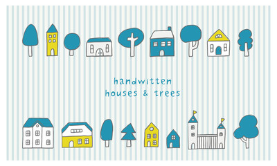 小さな可愛い家と木がある手書き風の街並み（ブルー）