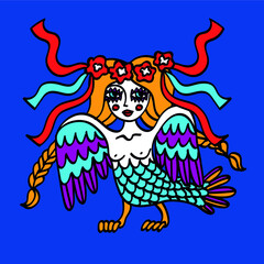 Ukrainian girl mavka siren with wings on a blue background