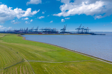 Fototapeta premium Aerial view with Eurogate Container Terminal near Imsum