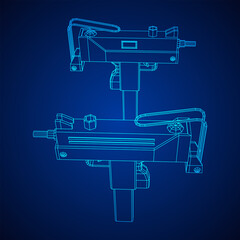 Submachine gun modern firearms pistol. Wireframe low poly mesh vector illustration.