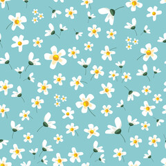 Floral romantic seamless pattern. Spring pastel blue background. Vector