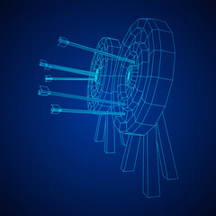 Archery target. Arrows hit round target goal concept. Wireframe low poly mesh vector illustration