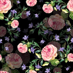 Watercolor bouquet of  roses with periwinkle on black background. Floral seamless pattern.