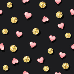 Glitter confetti polka dot seamless pattern background. Golden dots and pink hearts. For birthday, valentine and scrapbook design. Vector