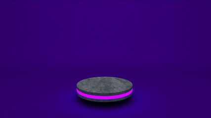 Marble product stand futuristic or podium pedestal on empty display growing flashing light with purple backdrops. 3D rendering.