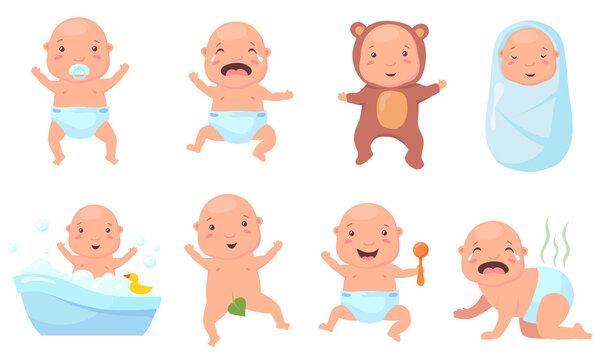 Cute babies in different poses flat pictures set. Cartoon infant characters bathing, crying, pooping, sleeping isolated vector illustrations. Newborn and childhood concept