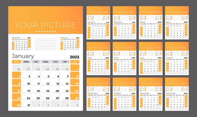 Vertical quarterly calendar for 2022. Week starts on Sunday. A set of 12 calendar pages. Vector template.
