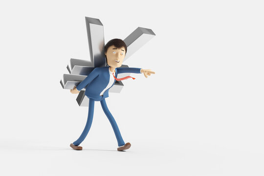Funny cartoon businessman carrying the yen symbol and pointing forward. 3D Rendering.