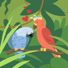 Cute parrots couple in love on branch. Wild tropical birds, exotic multicolored parrots, lovebirds flat cartoon vector illustration. Wildlife, jungle fauna, valentine concept for postcard