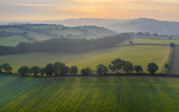 Aerial vista of rolling farmland in summer time, Devon, England, United Kingdom