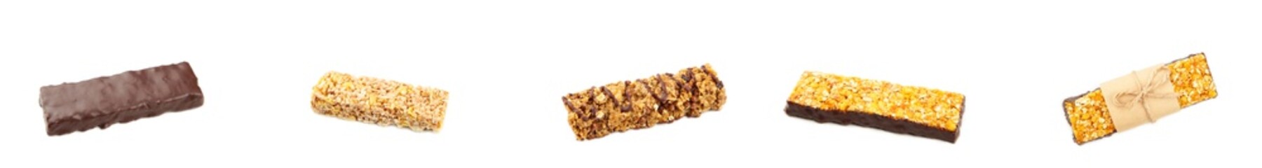 Set of cereal bars with chocolate isolated on white background.