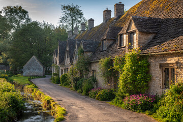 Early Spring morning view of the beautiful Cotswolds cottages at Arlington Row in Bibury, Gloucestershire, England, United Kingdom