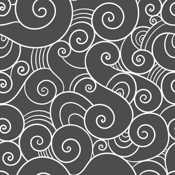 Abstract seamless pattern on dark background. Doodle sea wallpaper. Line art waves print.