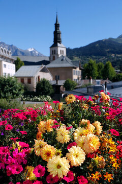 Colourful flowers in the village of Saint Gervais les Bains in the French Alps, Haute-Savoie,  France