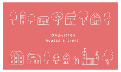 小さな可愛い家と木がある手書き風の街並み（ピンク）