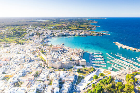 Aerial view of the coastal town of Otranto washed by the turquoise sea, Salento, Lecce province, Apulia, Italy