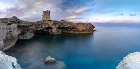 Torre Miggiano old tower and crystal sea at sunset, Santa Cesarea Terme, Porto Miggiano, Lecce province, Salento, Apulia, Italy