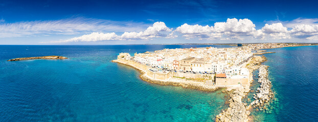 Aerial panoramic of white buildings in the seaside town of Gallipoli, Lecce province, Salento, Apulia, Italy