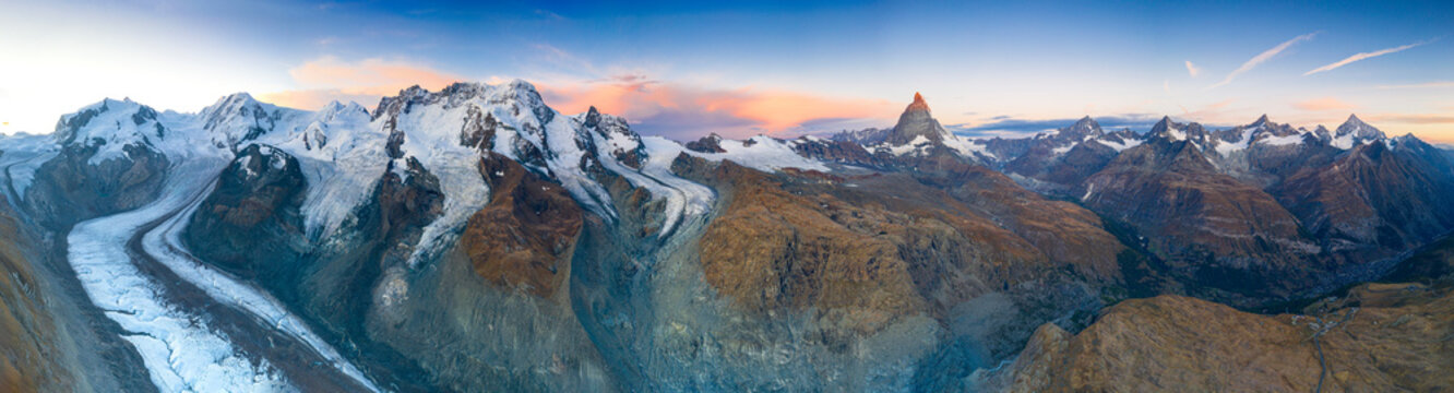 Aerial view of Gorner Glacier (Gornergletscher) and Matterhorn at dawn, Zermatt, canton of Valais, Switzerland