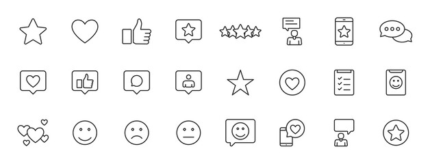 Set of 24 Feedback and Review icons in line style. Star Rating, Emotion symbols. Vector illustration.